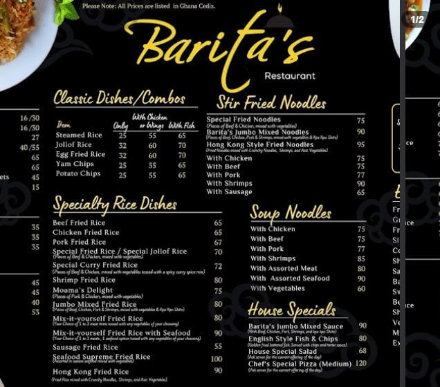 Barista’s Restaurant Adenta Menu